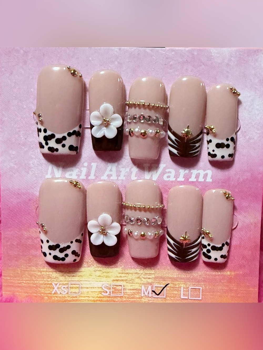 Neutral Pink Floral & Studded Press-On Nail Set - Women Makeup
